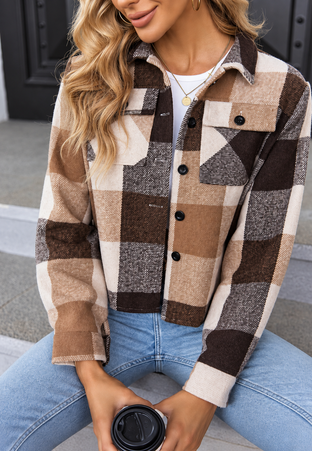 Chaqueta cuadros mujer corta cuello camisero bolsillos botones casual entretiempo - Nadorine