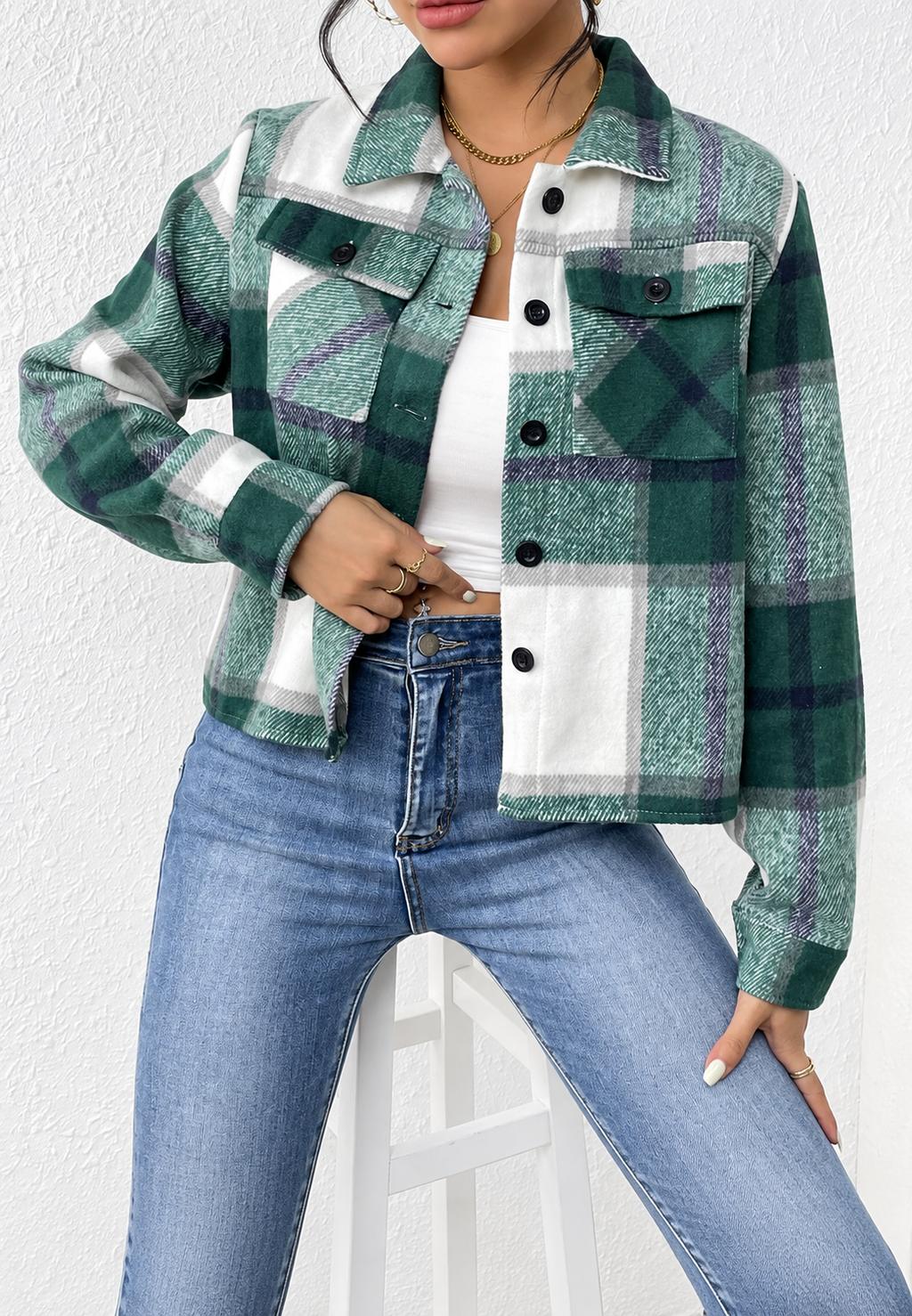 Chaqueta cuadros mujer corta cuello camisero bolsillos botones casual entretiempo - Nadorine