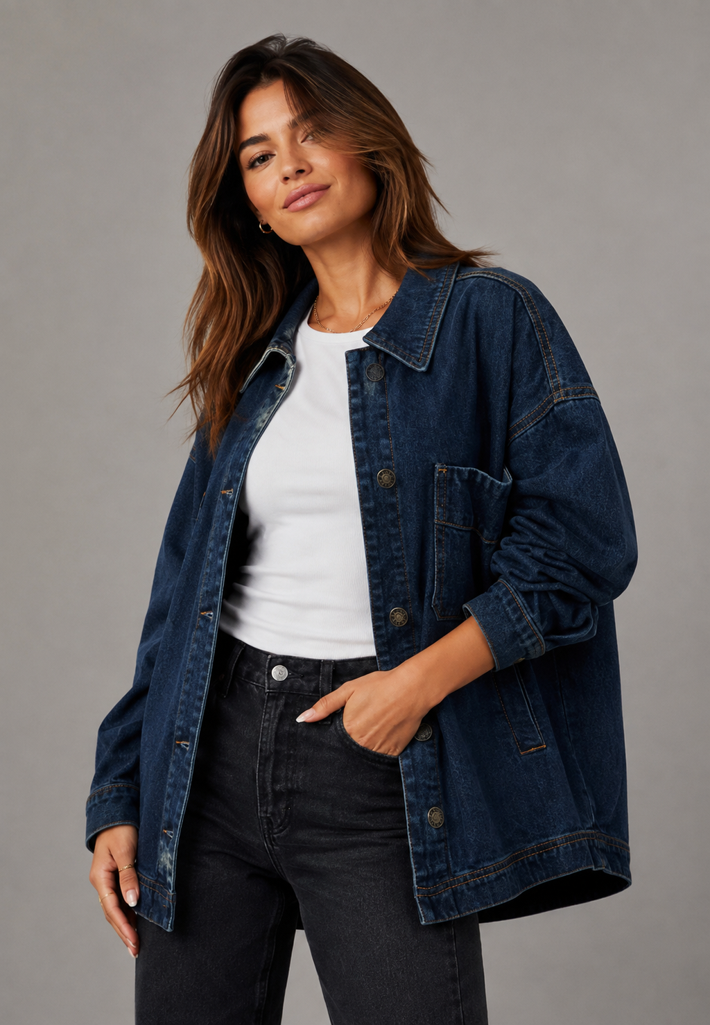 Chemise jean oversize femme poche avant denim ample - Nadja