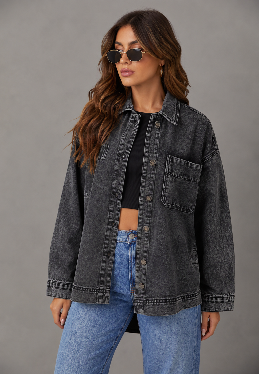 Chemise jean oversize femme poche avant denim ample - Nadja