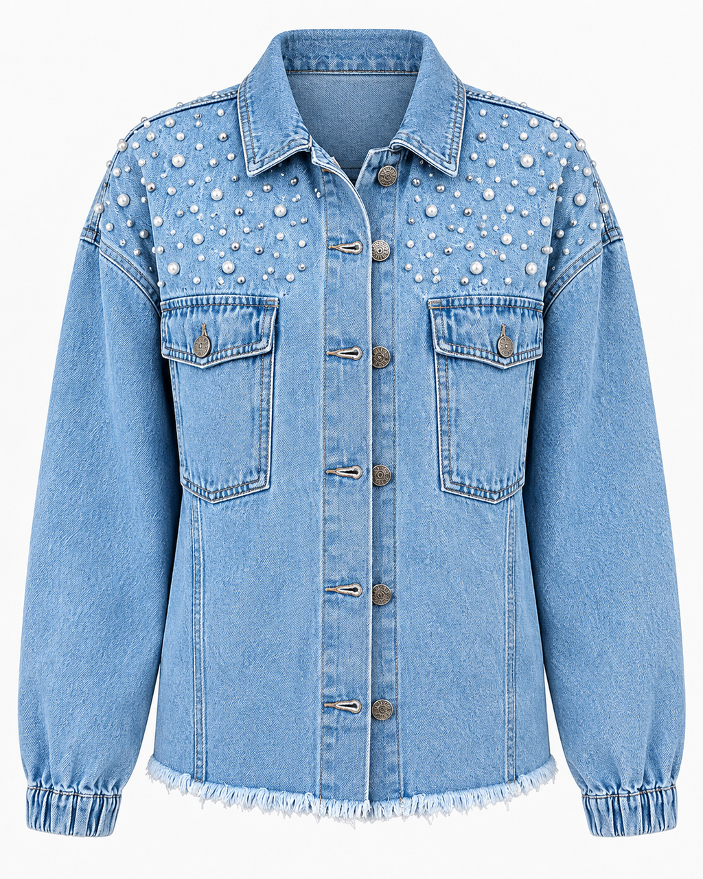 Veste jean femme ornée de perles denim brodé chic - Émeline