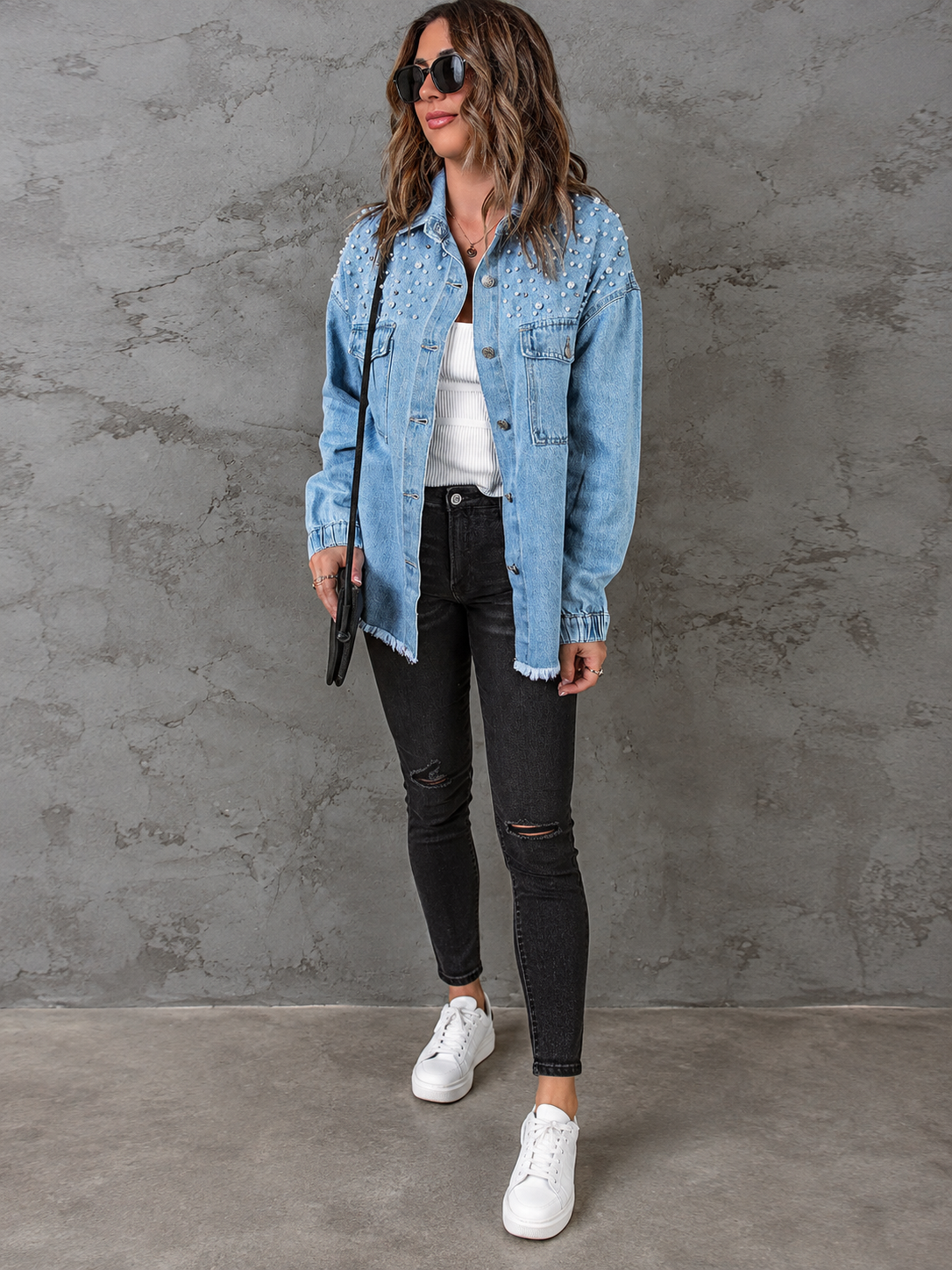 Veste jean femme ornée de perles denim brodé chic - Émeline