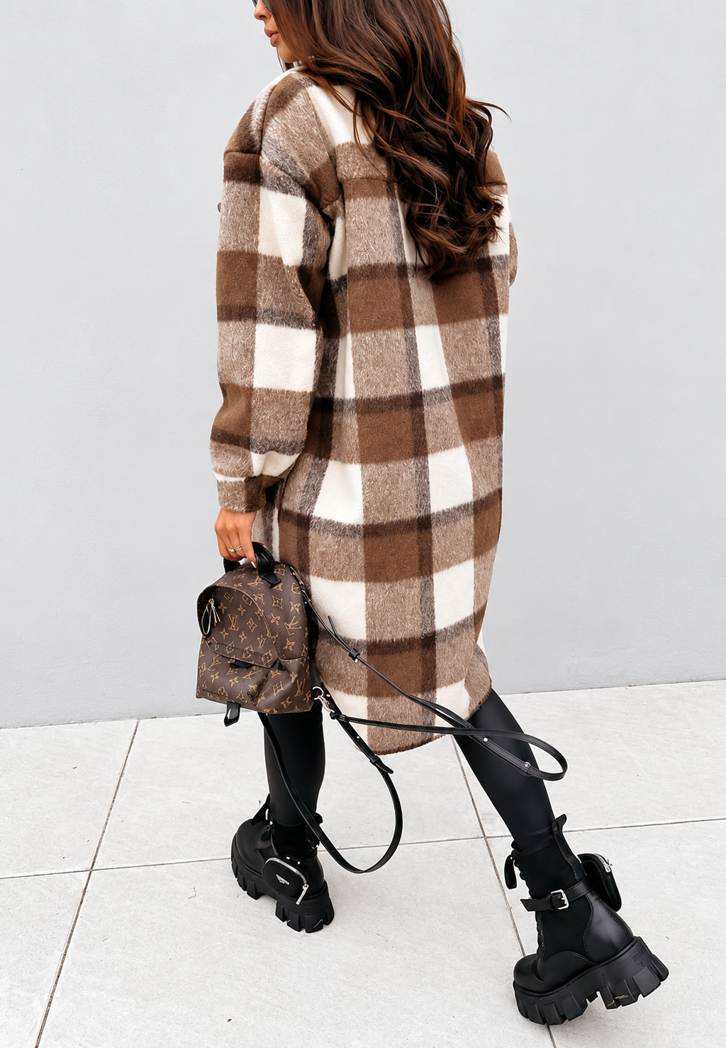 Veste longue femme carreaux boutons motif chaude automne - Coralie