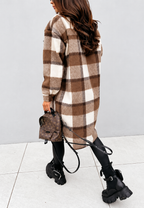 Veste longue femme carreaux boutons motif chaude automne - Coralie