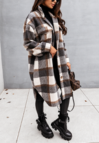Veste longue femme carreaux boutons motif chaude automne - Coralie