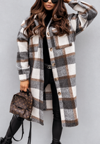 Veste longue femme carreaux boutons motif chaude automne - Coralie