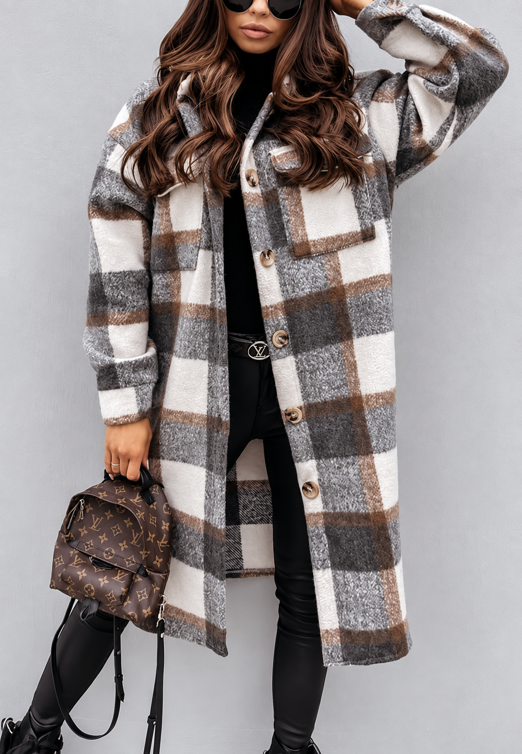Veste longue femme carreaux boutons motif chaude automne - Coralie