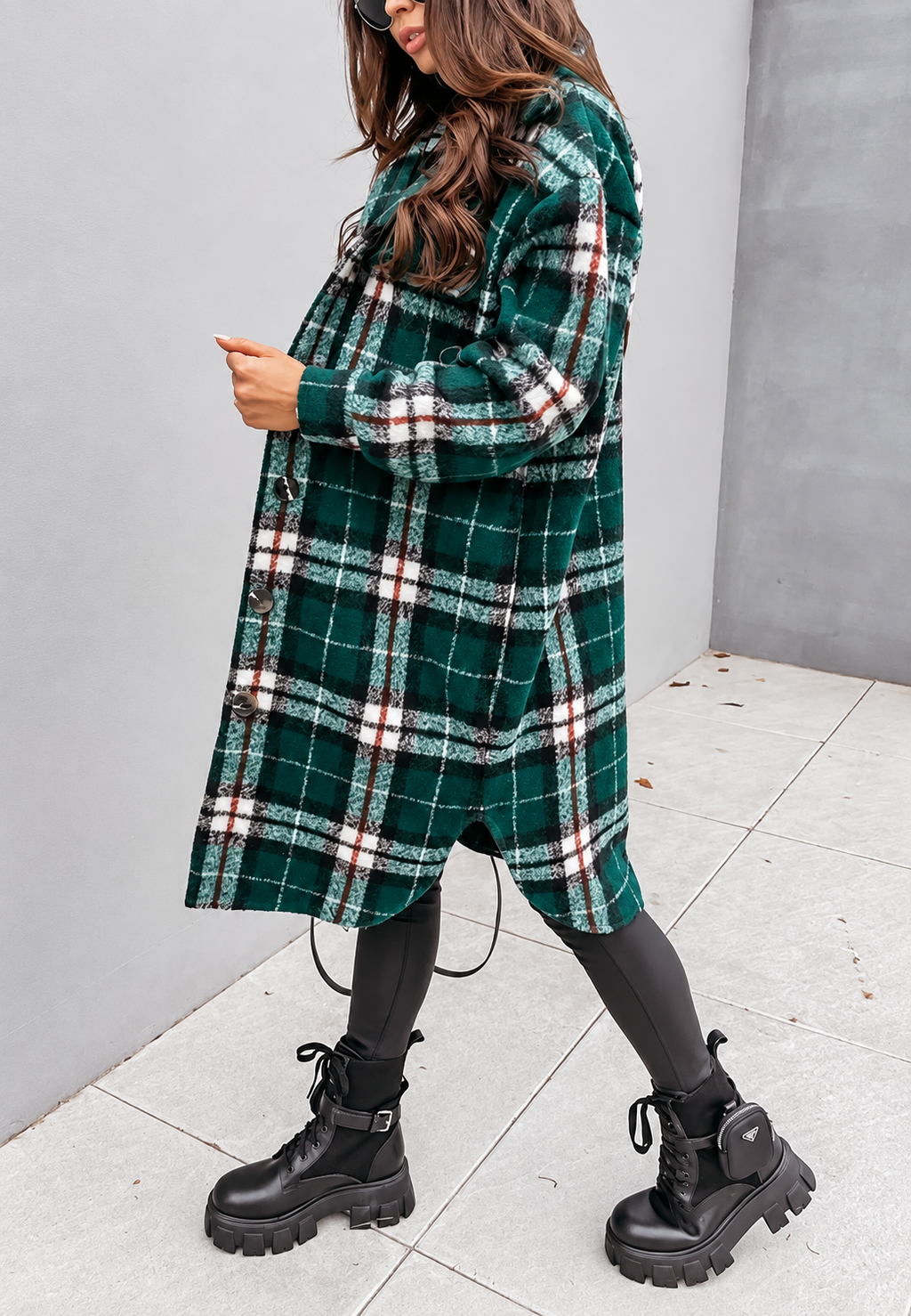 Veste longue femme carreaux boutons motif chaude automne - Coralie