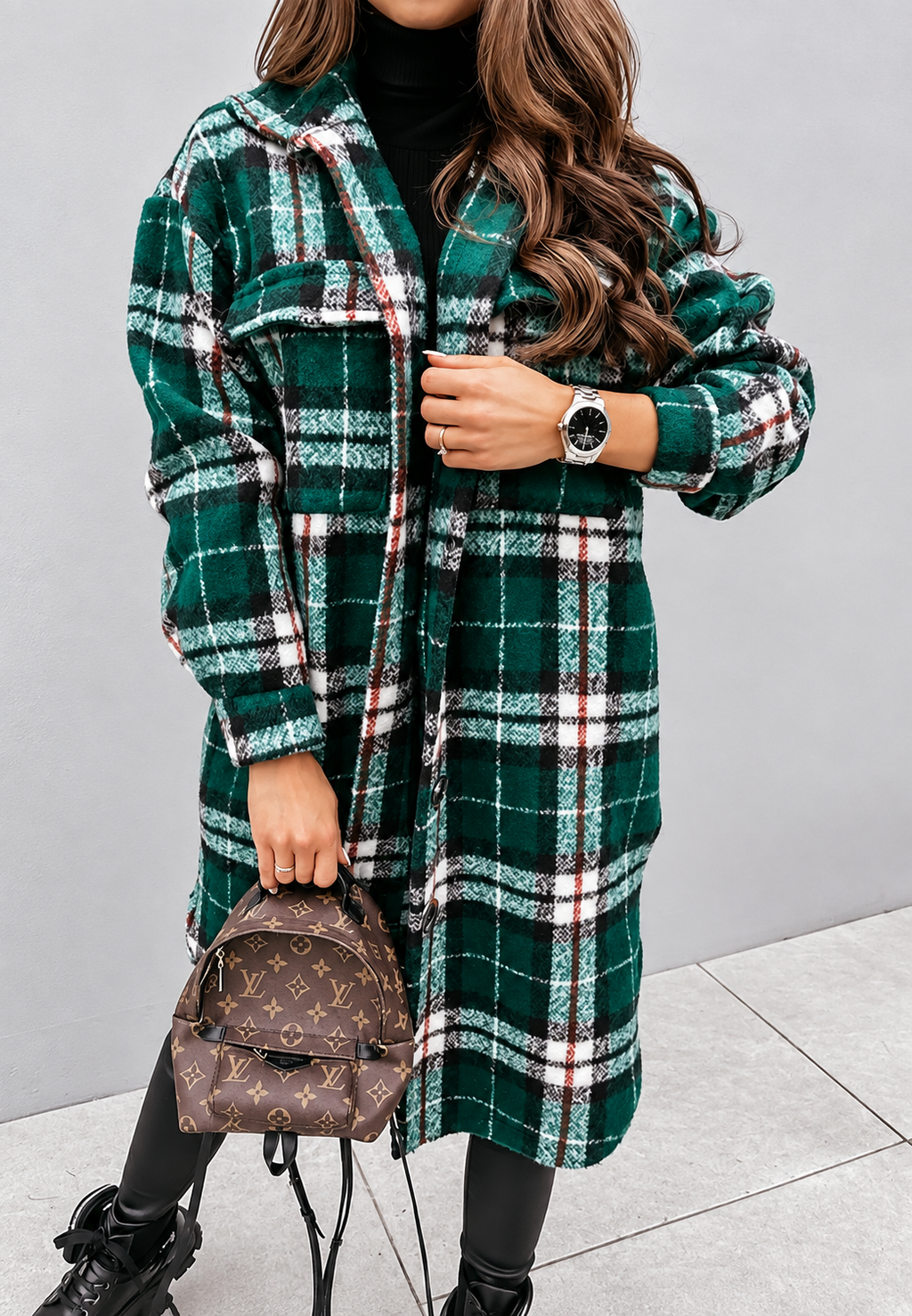 Veste longue femme carreaux boutons motif chaude automne - Coralie