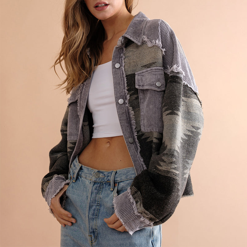 Chemise-veste femme velours côtelé jacquard poches surchemise - Océane