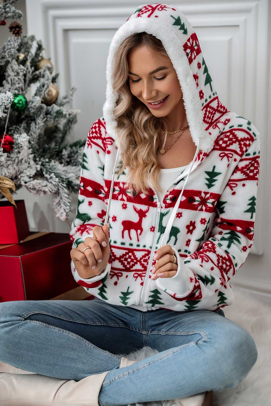Sweat capuche femme fermeture éclair imprimé Noël festif - Nolwenn