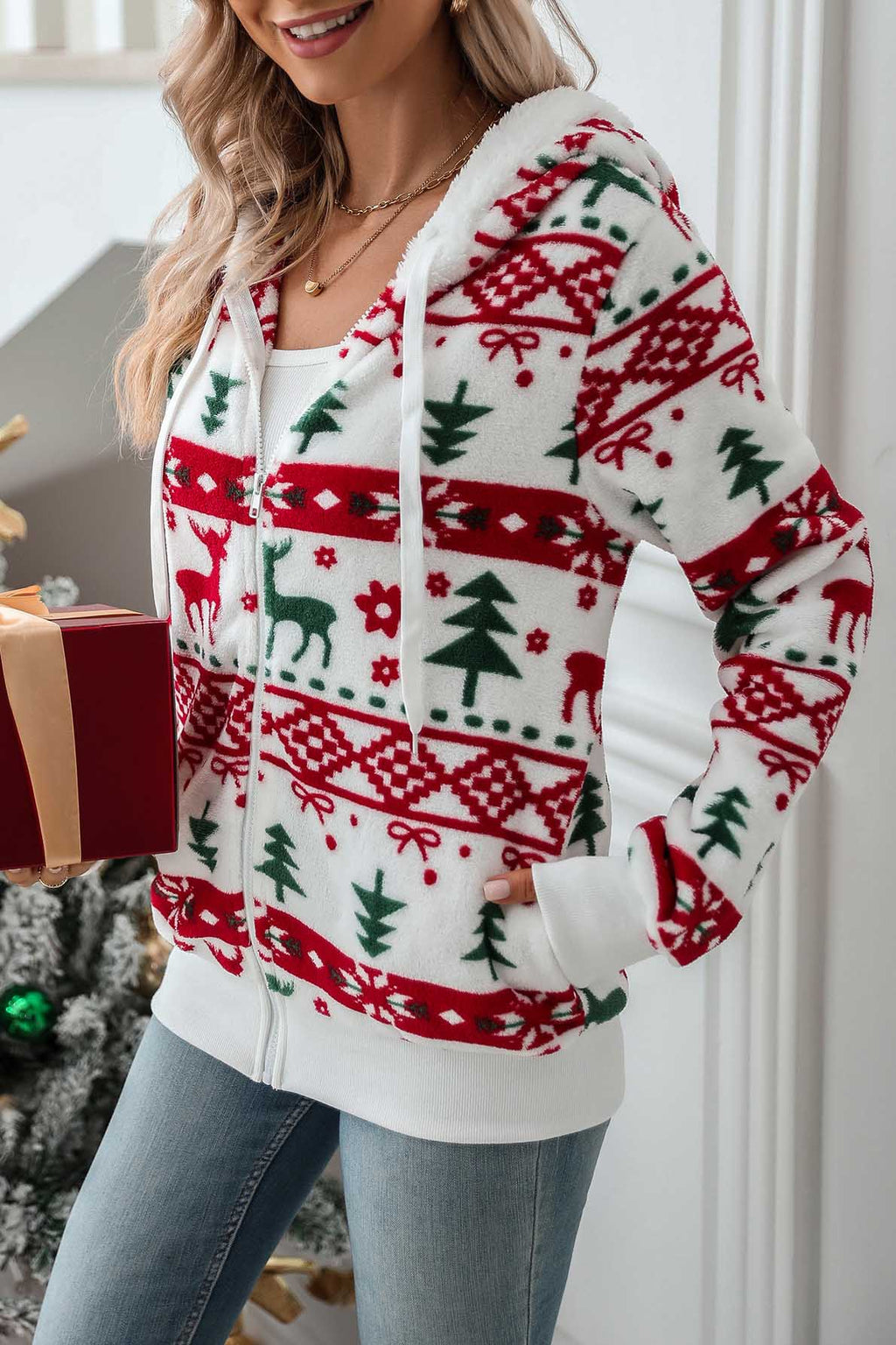 Sweat capuche femme fermeture éclair imprimé Noël festif - Nolwenn