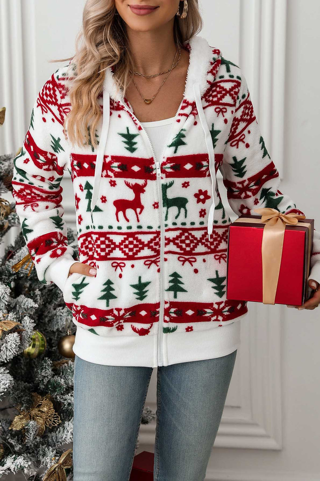 Sweat capuche femme fermeture éclair imprimé Noël festif - Nolwenn