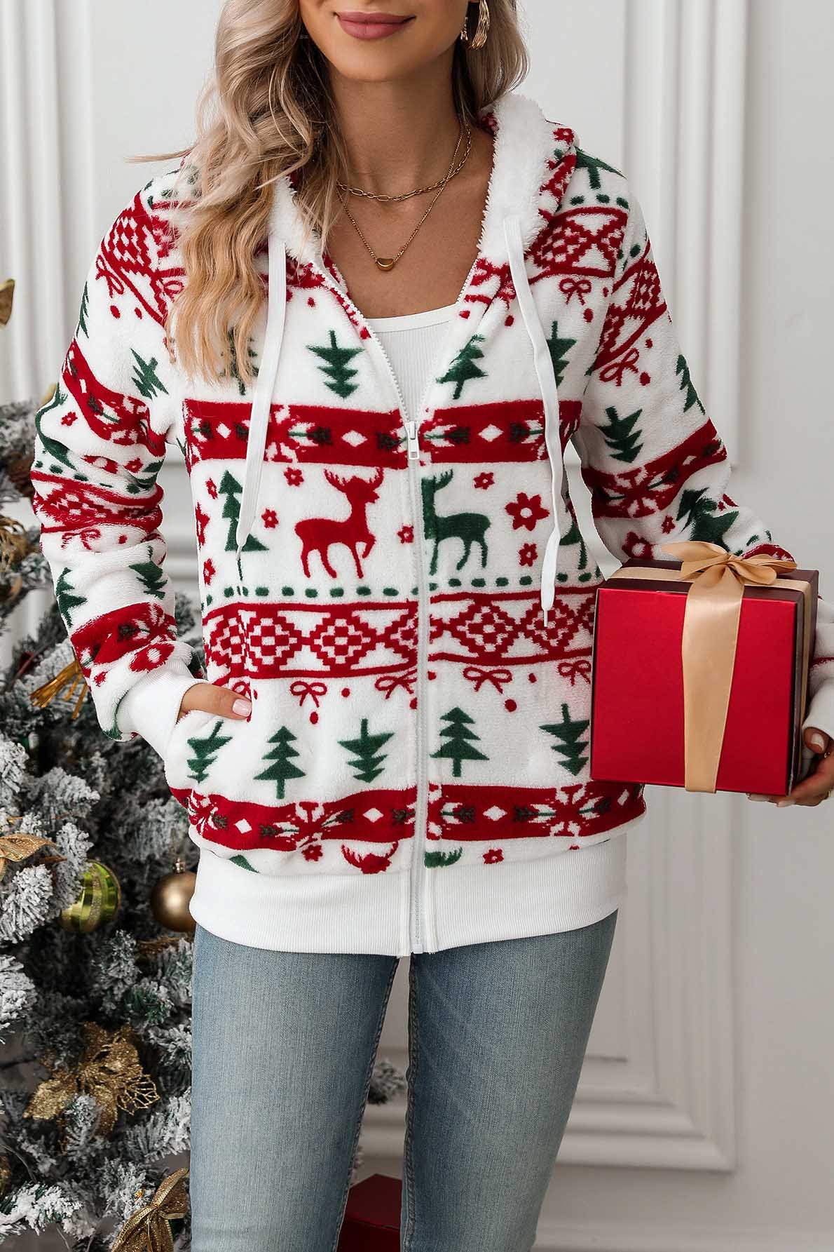 Sweat capuche femme fermeture éclair imprimé Noël festif - Nolwenn