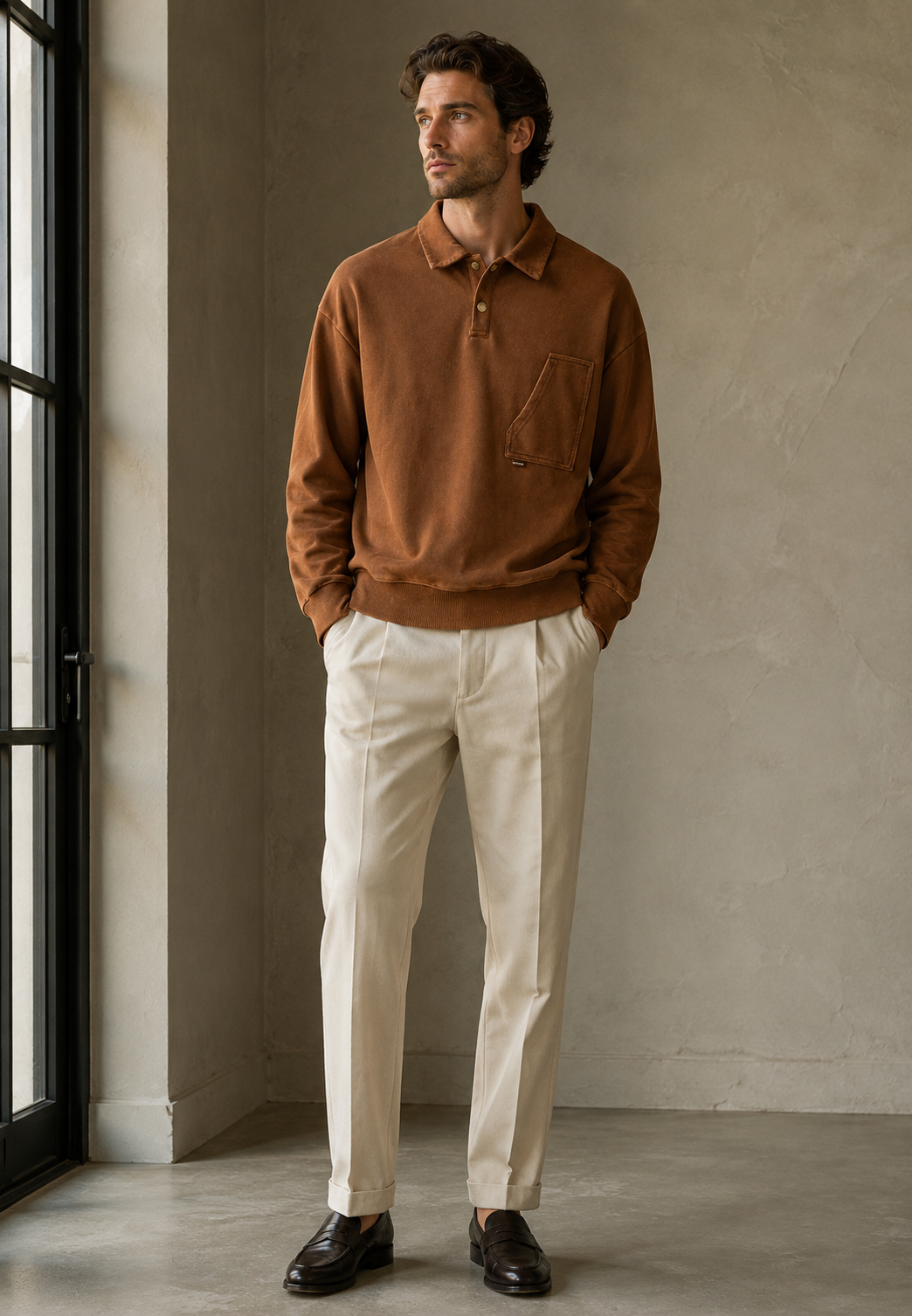 Polo homme manches longues effet délavé coton vintage - Dante