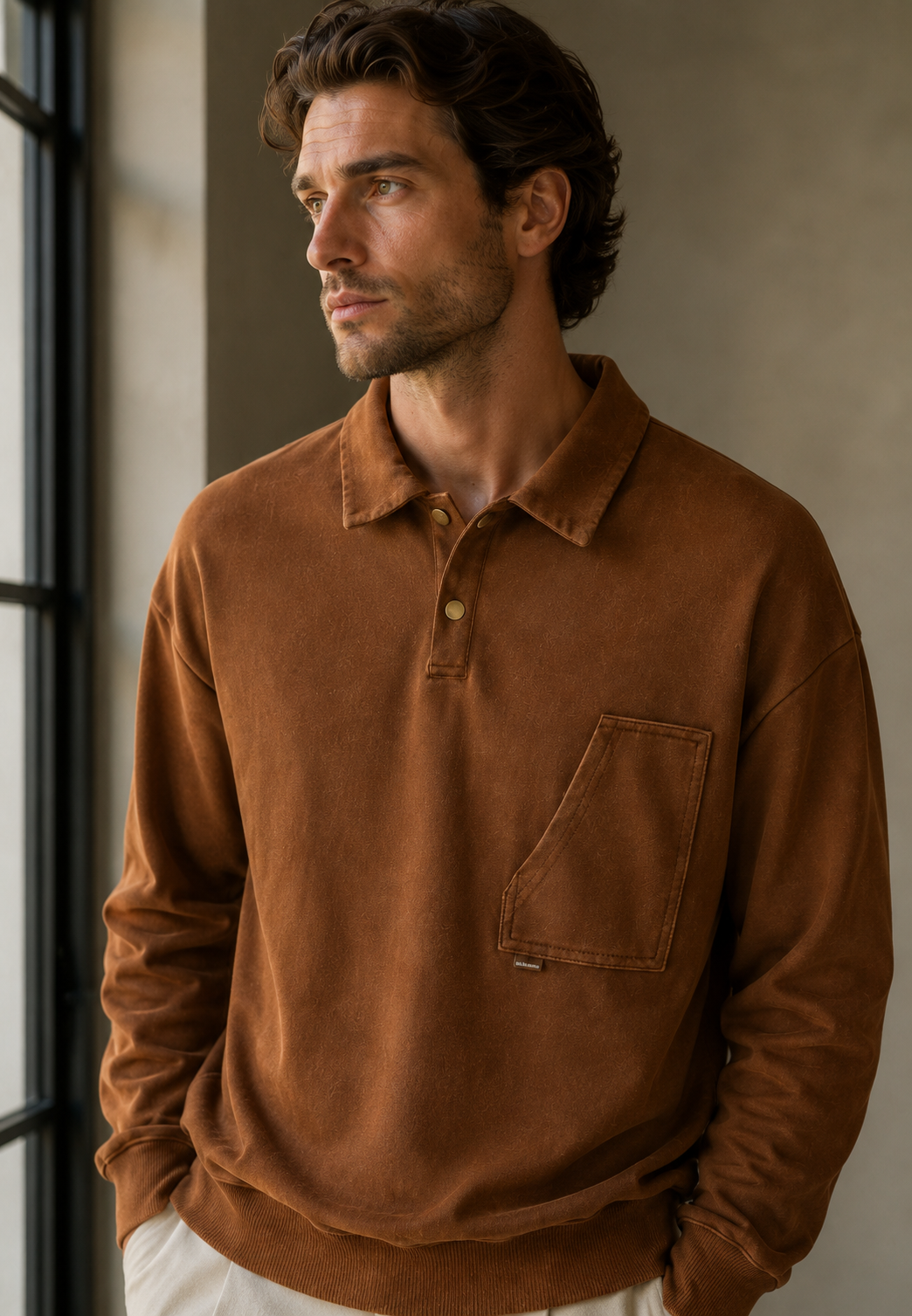 Polo homme manches longues effet délavé coton vintage - Dante