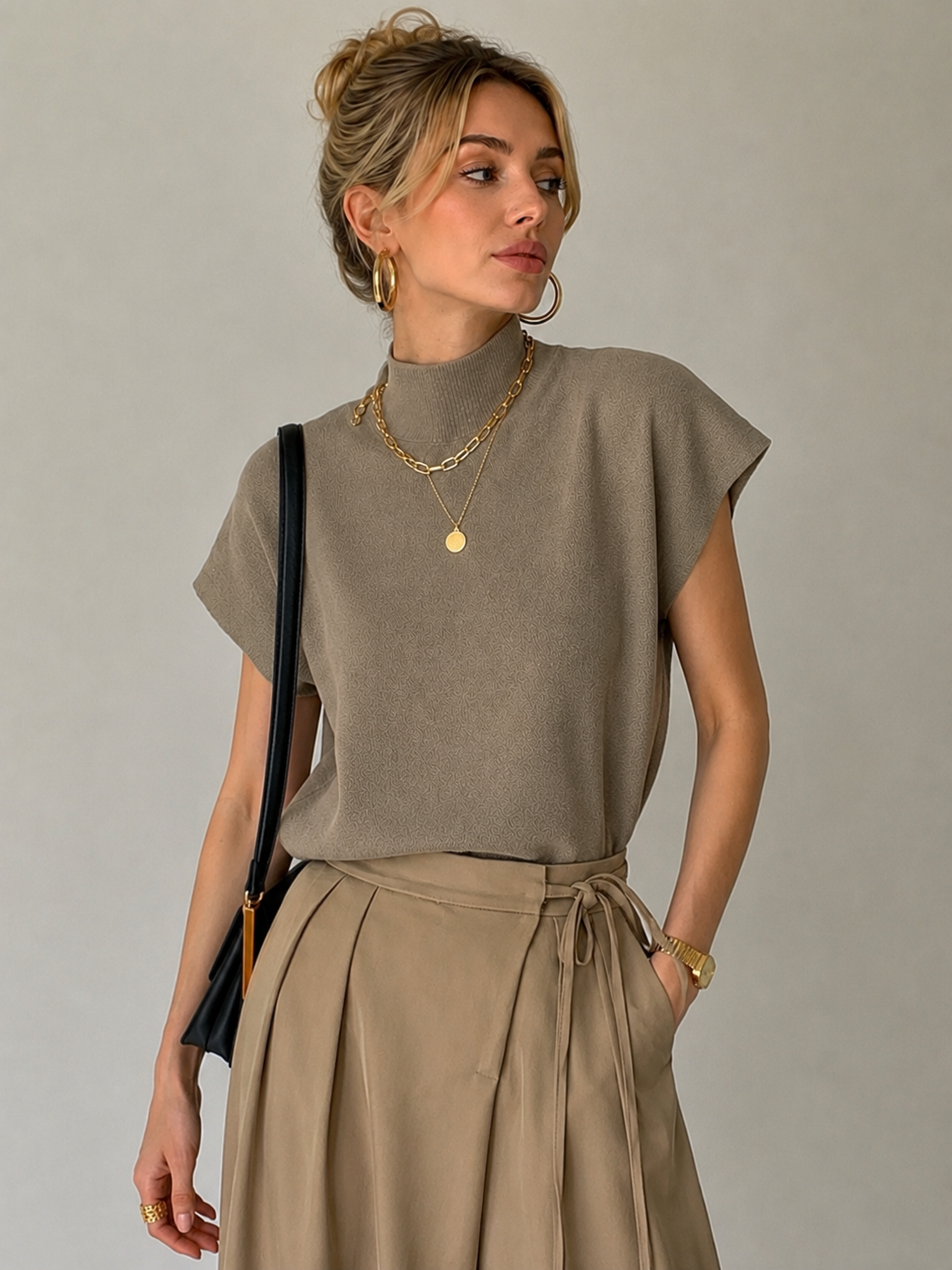 Haut maille femme col roulé manches courtes mi-saison - Elin