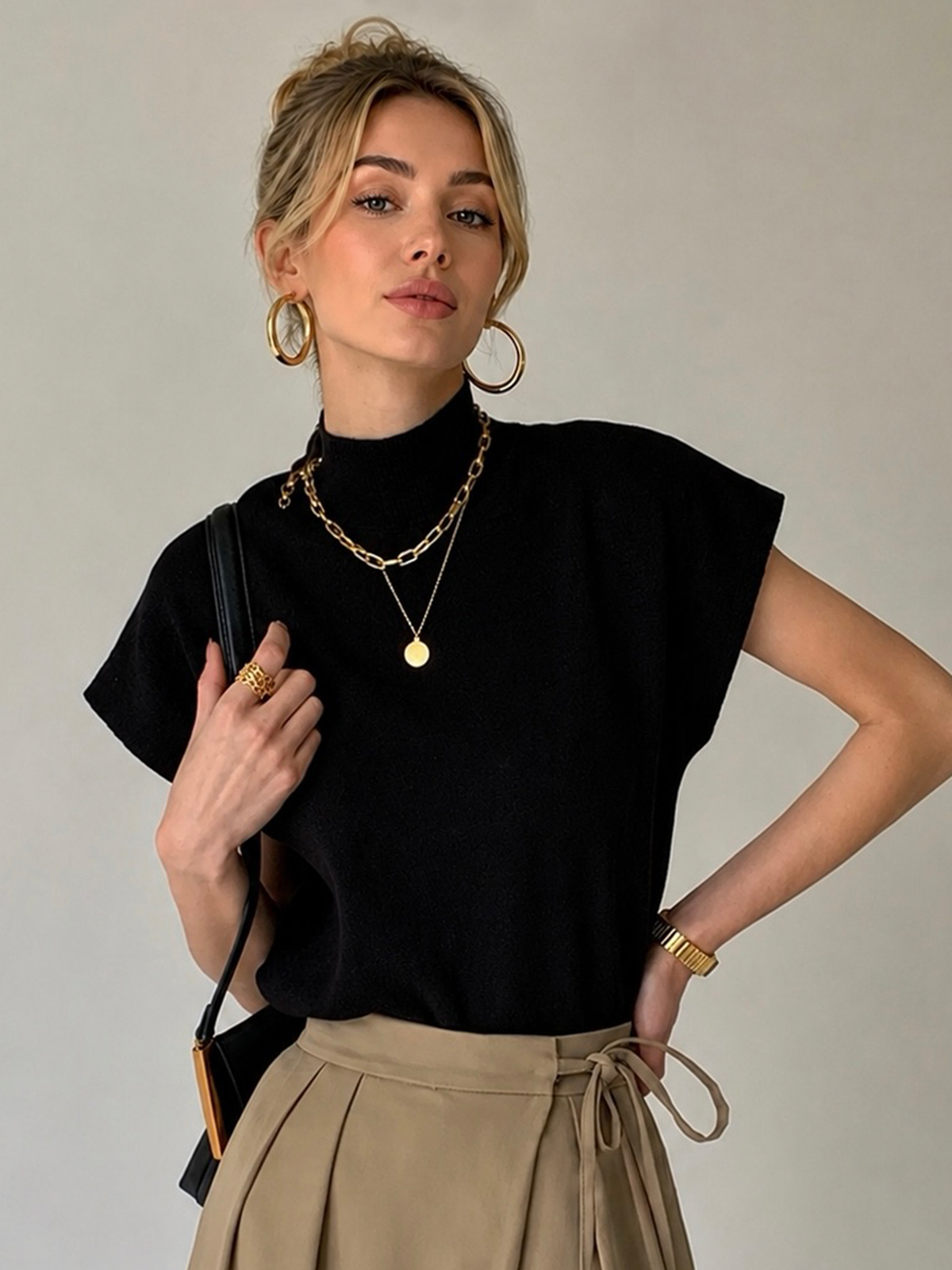 Haut maille femme col roulé manches courtes mi-saison - Elin