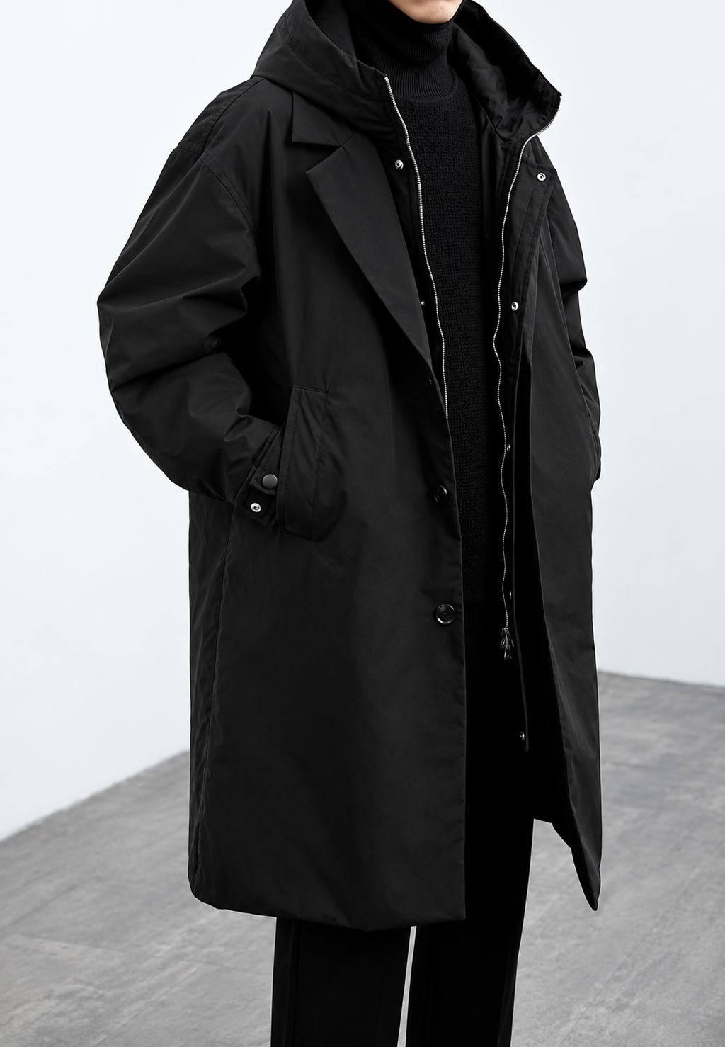 Trench long homme capuche fermeture éclair poignets ajustables - Corvin