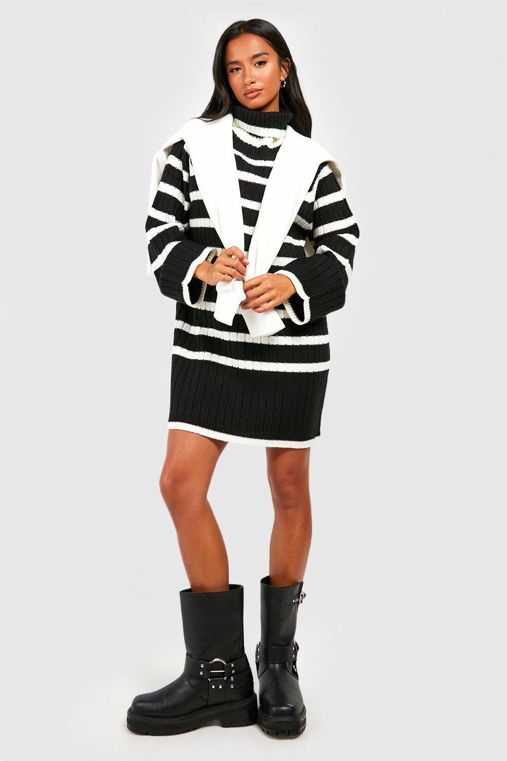 Robe courte maille rayée femme col roulé manches larges - Raddile
