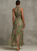 Robe longue femme motifs floraux col licou taille drapée été - Sophie