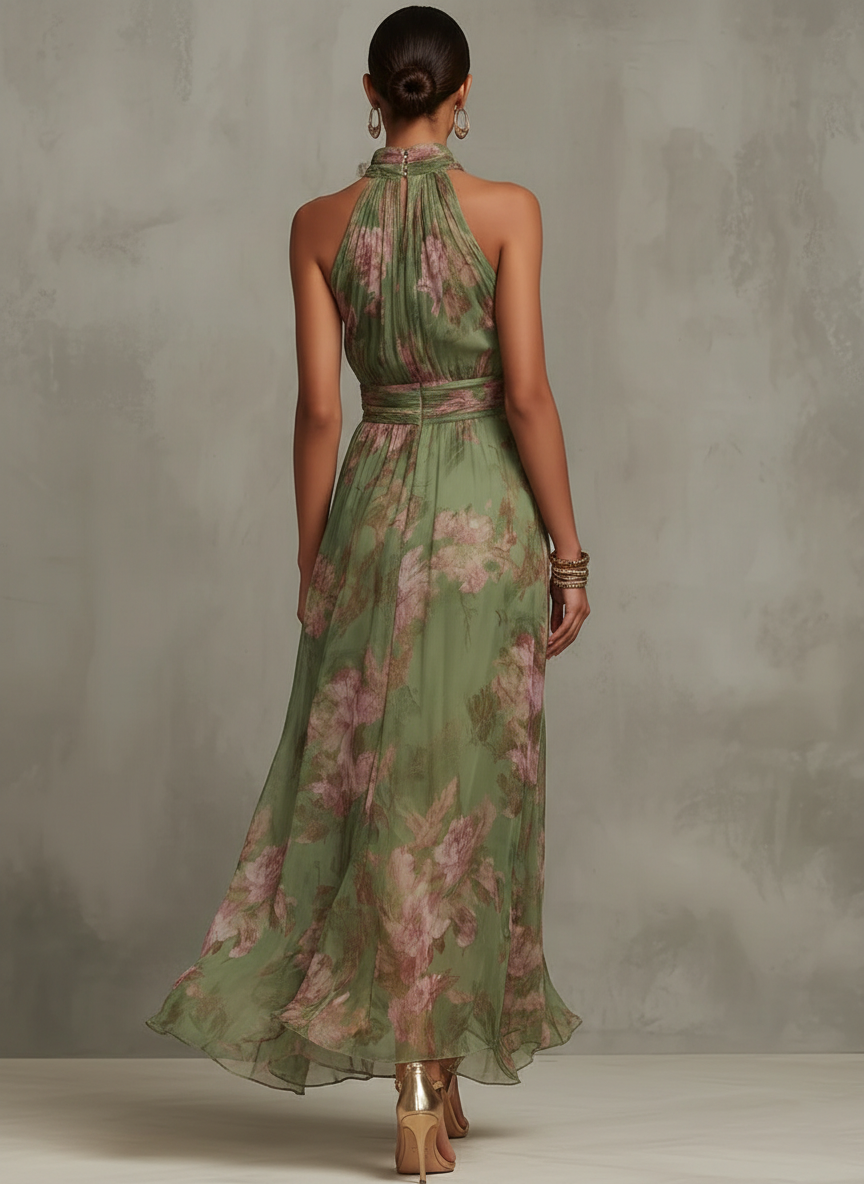 Robe longue femme motifs floraux col licou taille drapée été - Sophie