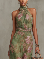 Robe longue femme motifs floraux col licou taille drapée été - Sophie