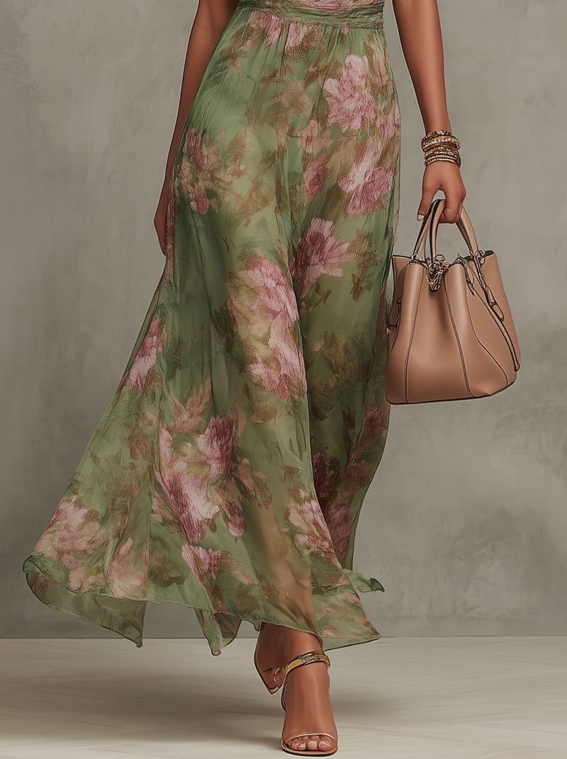 Robe longue femme motifs floraux col licou taille drapée été - Sophie