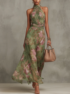 Robe longue à motifs floraux, col licou et taille drapée - Sophie