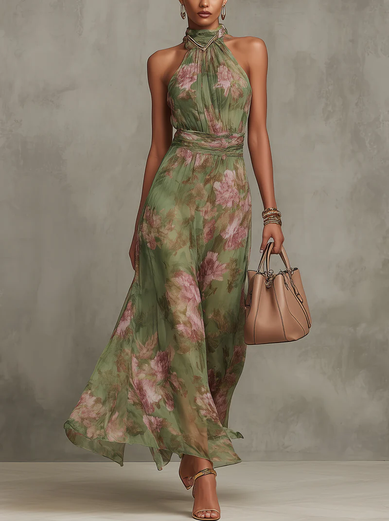 Robe longue femme motifs floraux col licou taille drapée été - Sophie