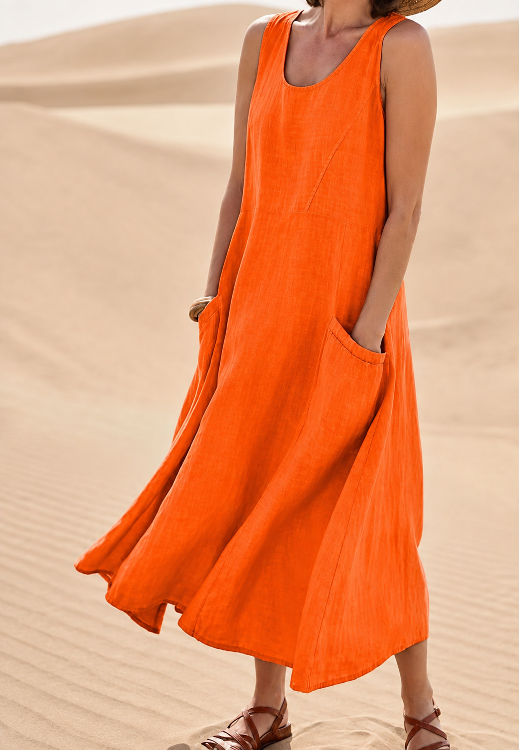 Robe longue femme sans manches col rond poches pratique été - Tina