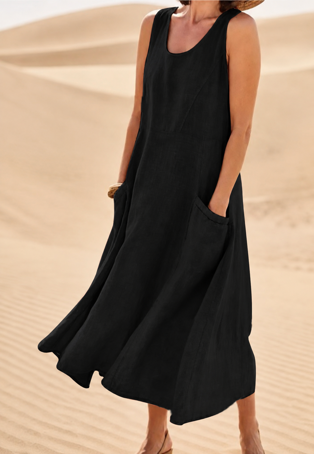 Robe longue pour femme, sans manches, encolure ronde, poches - Tina