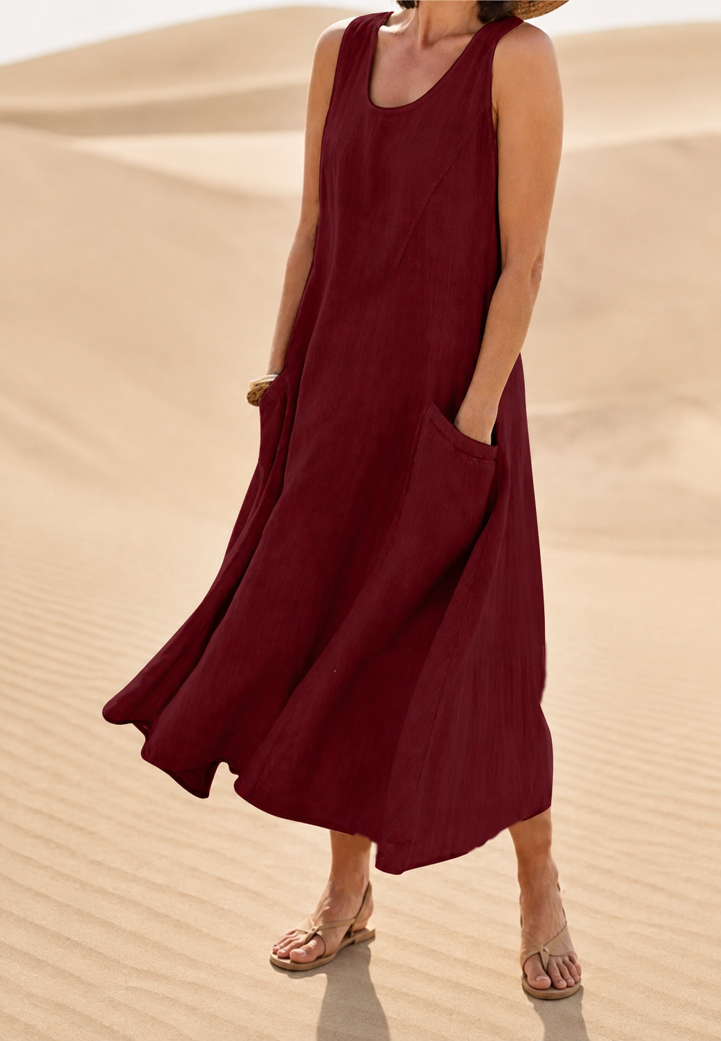 Robe longue femme sans manches col rond poches pratique été - Tina