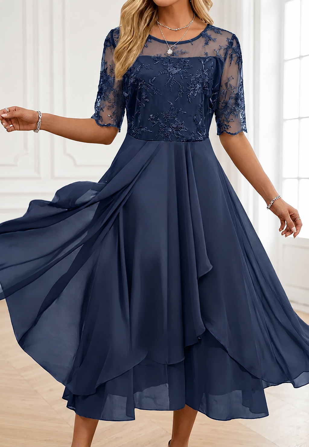 Robe midi femme dentelle florale manches coude élégante - Rhonda