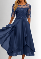 Robe midi femme dentelle florale manches coude élégante - Rhonda