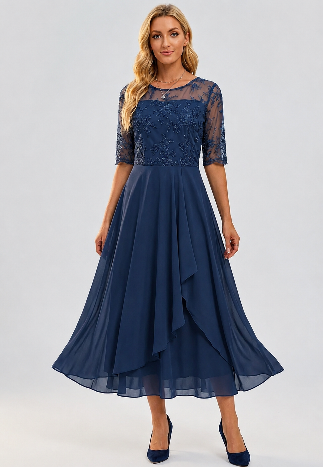 Robe midi femme dentelle florale manches coude élégante - Rhonda