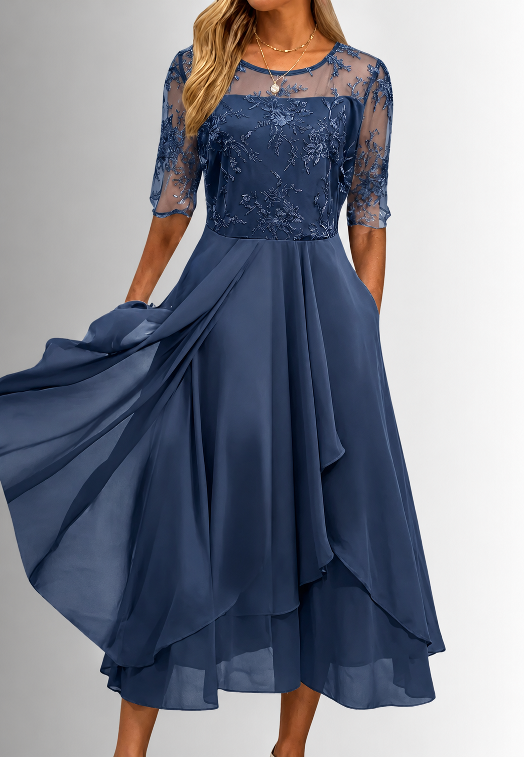 Robe midi pour femme en dentelle florale, manches au coude - Rhonda