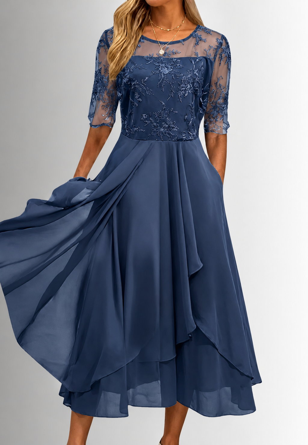 Robe midi femme dentelle florale manches coude élégante - Rhonda