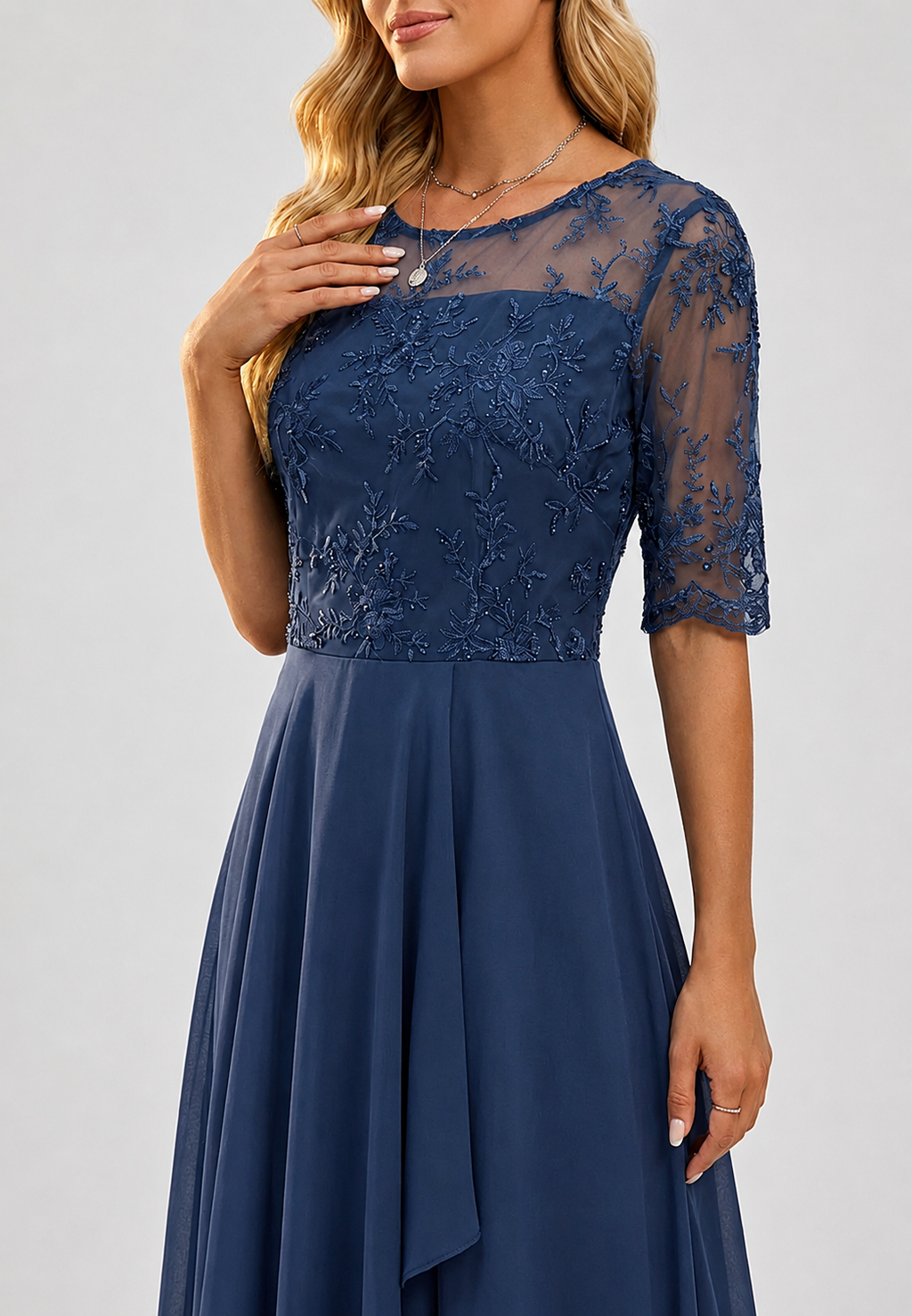 Robe midi femme dentelle florale manches coude élégante - Rhonda