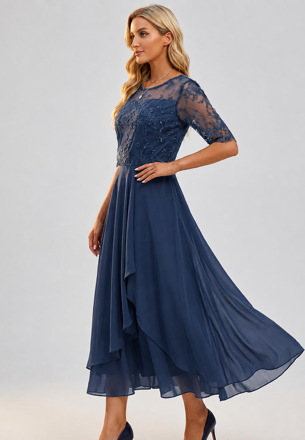 Robe midi femme dentelle florale manches coude élégante - Rhonda
