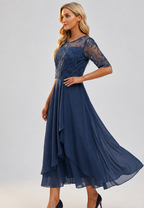Robe midi femme dentelle florale manches coude élégante - Rhonda