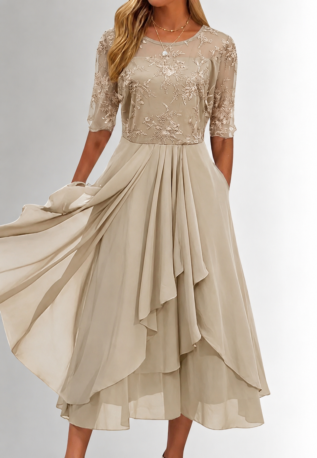 Robe midi femme dentelle florale manches coude élégante - Rhonda