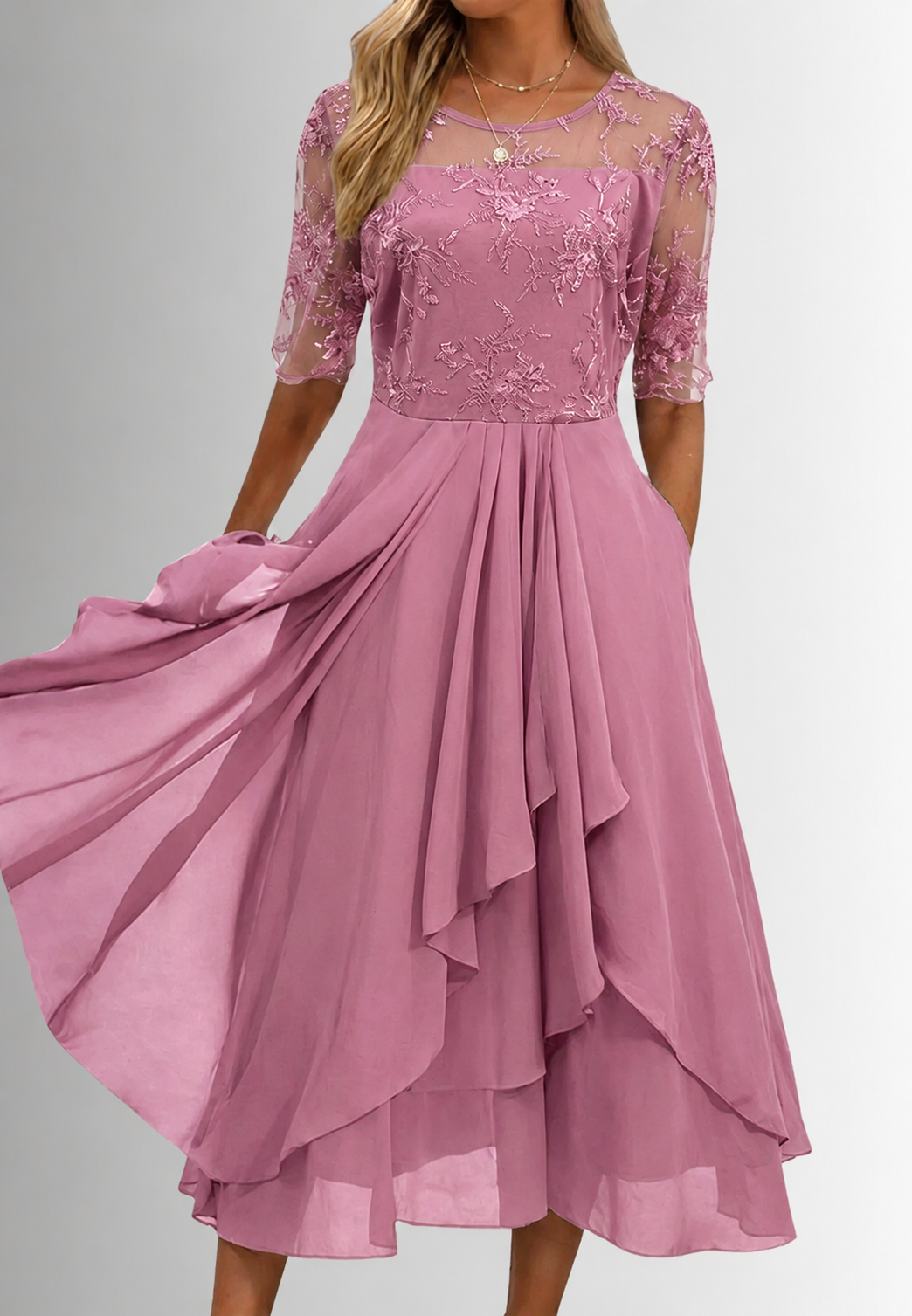 Robe midi femme dentelle florale manches coude élégante - Rhonda