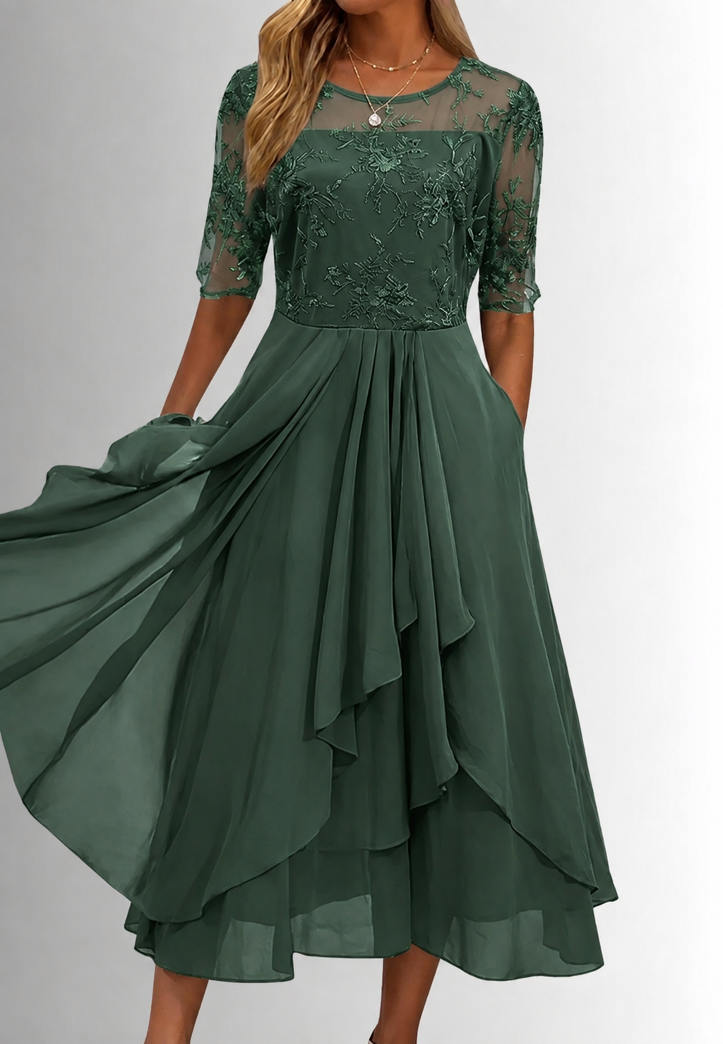Robe midi femme dentelle florale manches coude élégante - Rhonda