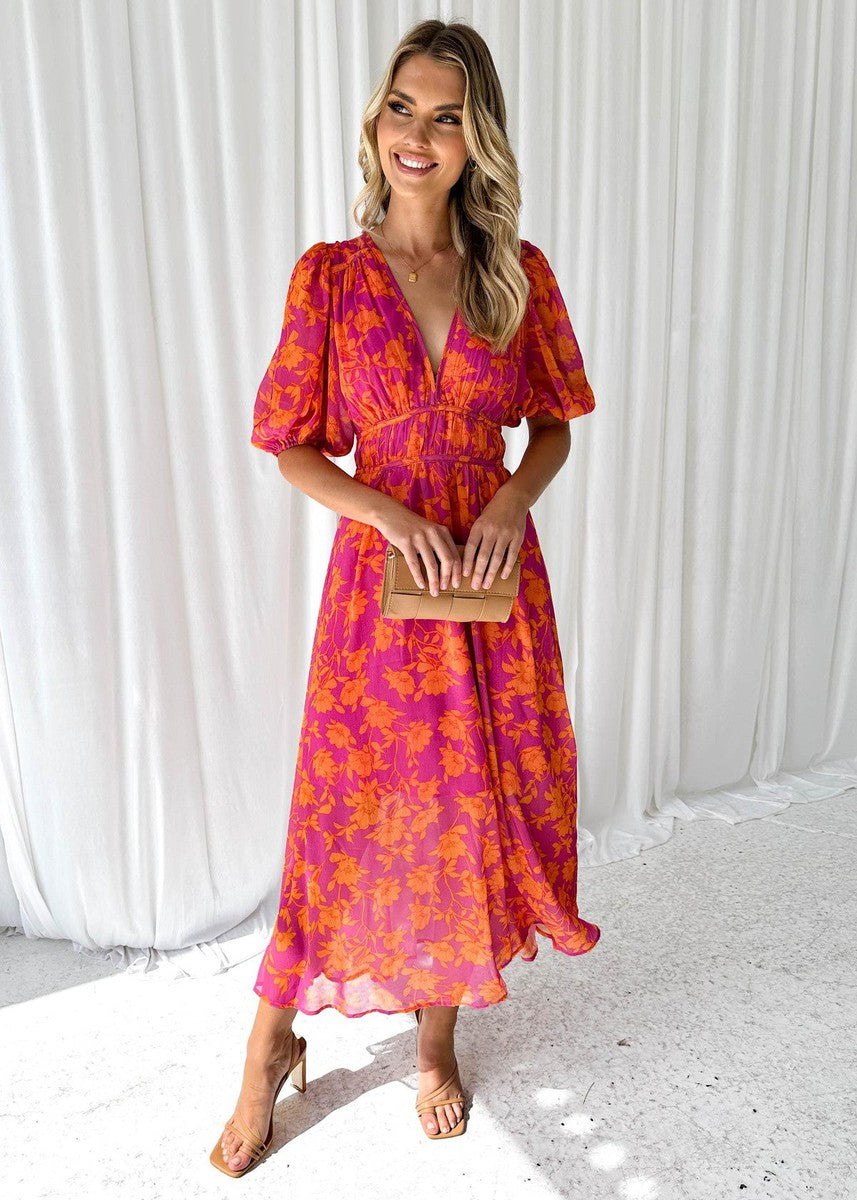 Robe midi femme imprimé floral manches bouffantes romantique - Katy