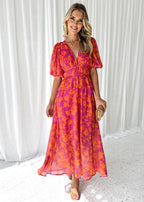 Robe midi pour femme à imprimé floral et manches bouffantes - Katy